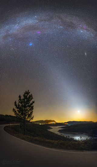 This vertical panorama, composed of four images, shows a strong zodiacal light coming from the region where planet Venus was located, in the western sky of Pampilhosa da Serra, Dark Sky Aldeias do Xisto, Portugal.