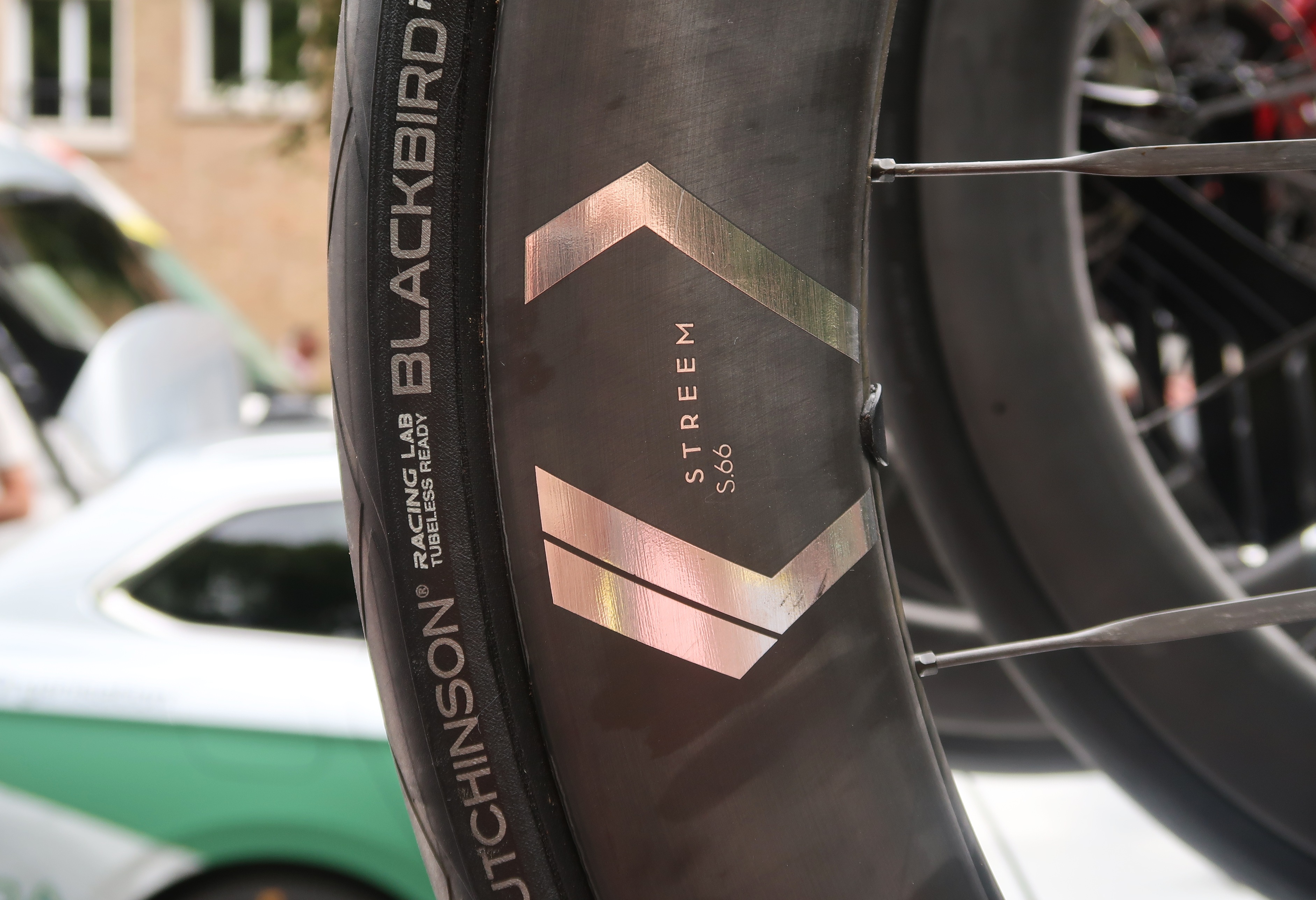 A close-up of the rim of a Newman wheel