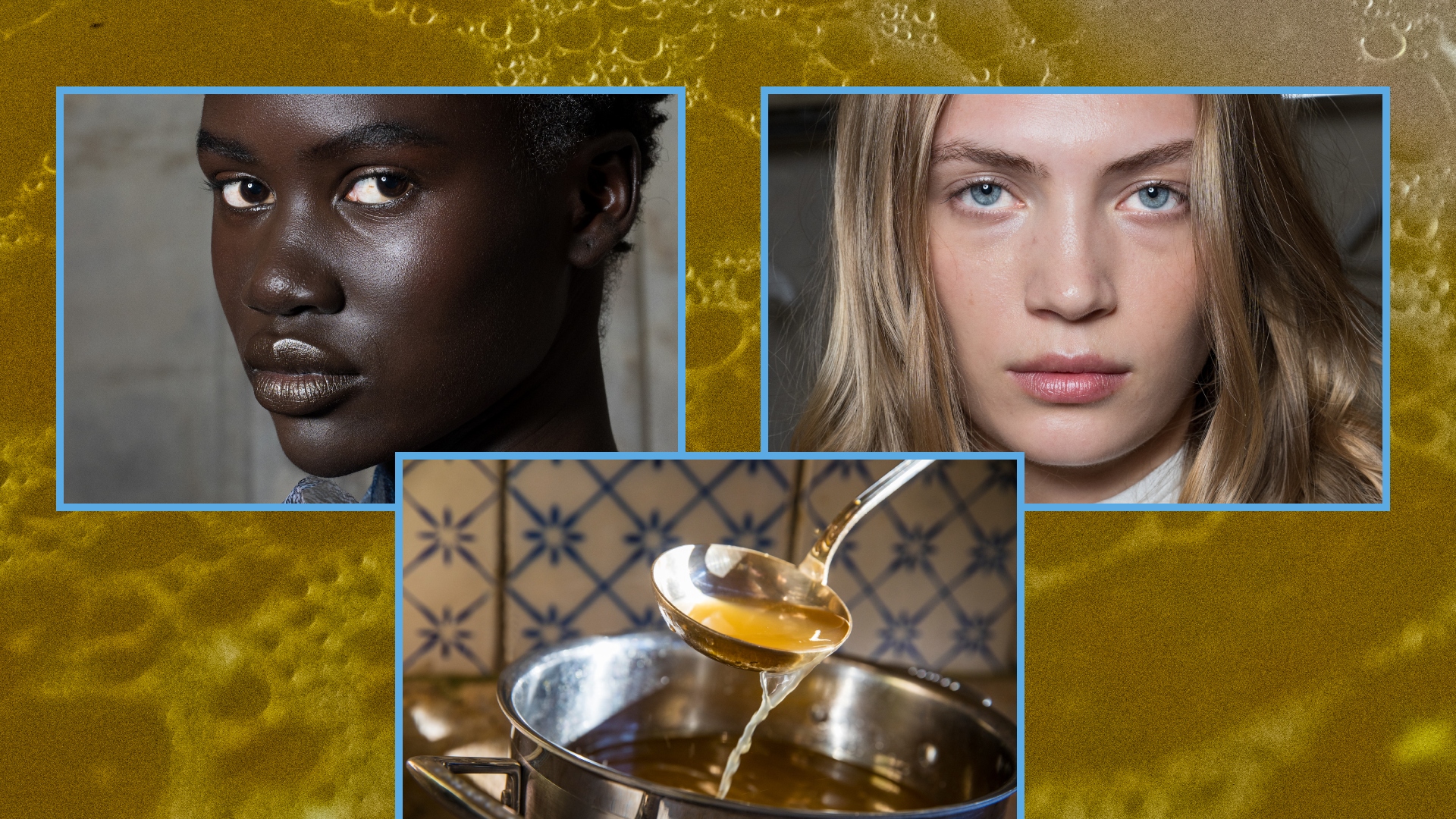 two women with clear skin on a bone broth background