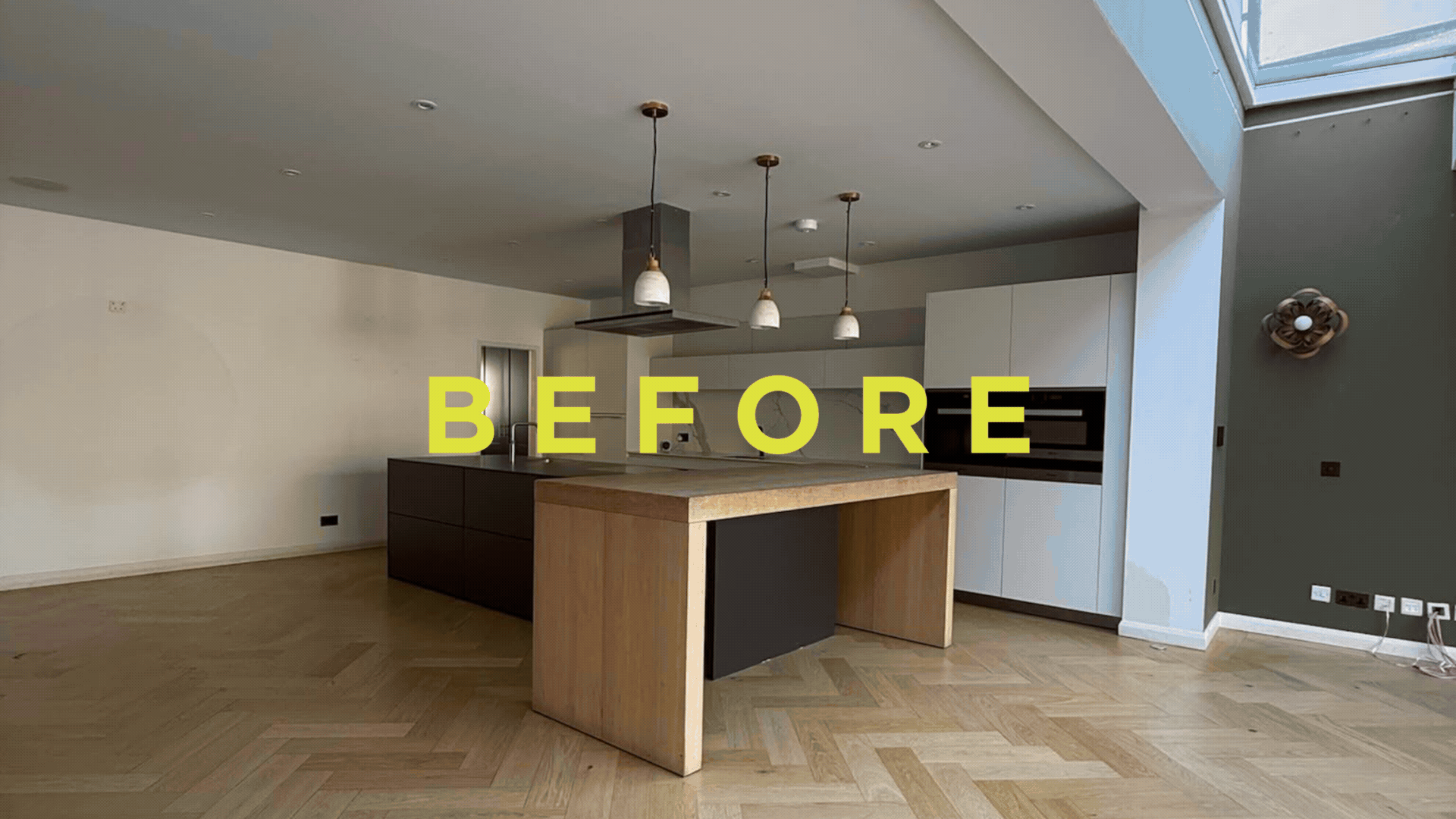 a before and after makeover of a modern kitchen into a dark, wooden, traditional kitchen