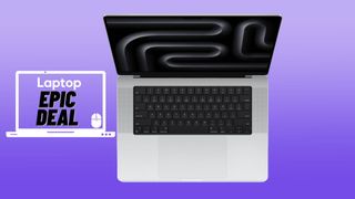 Silver MacBook Pro 16 M3 Max against purple gradient background.