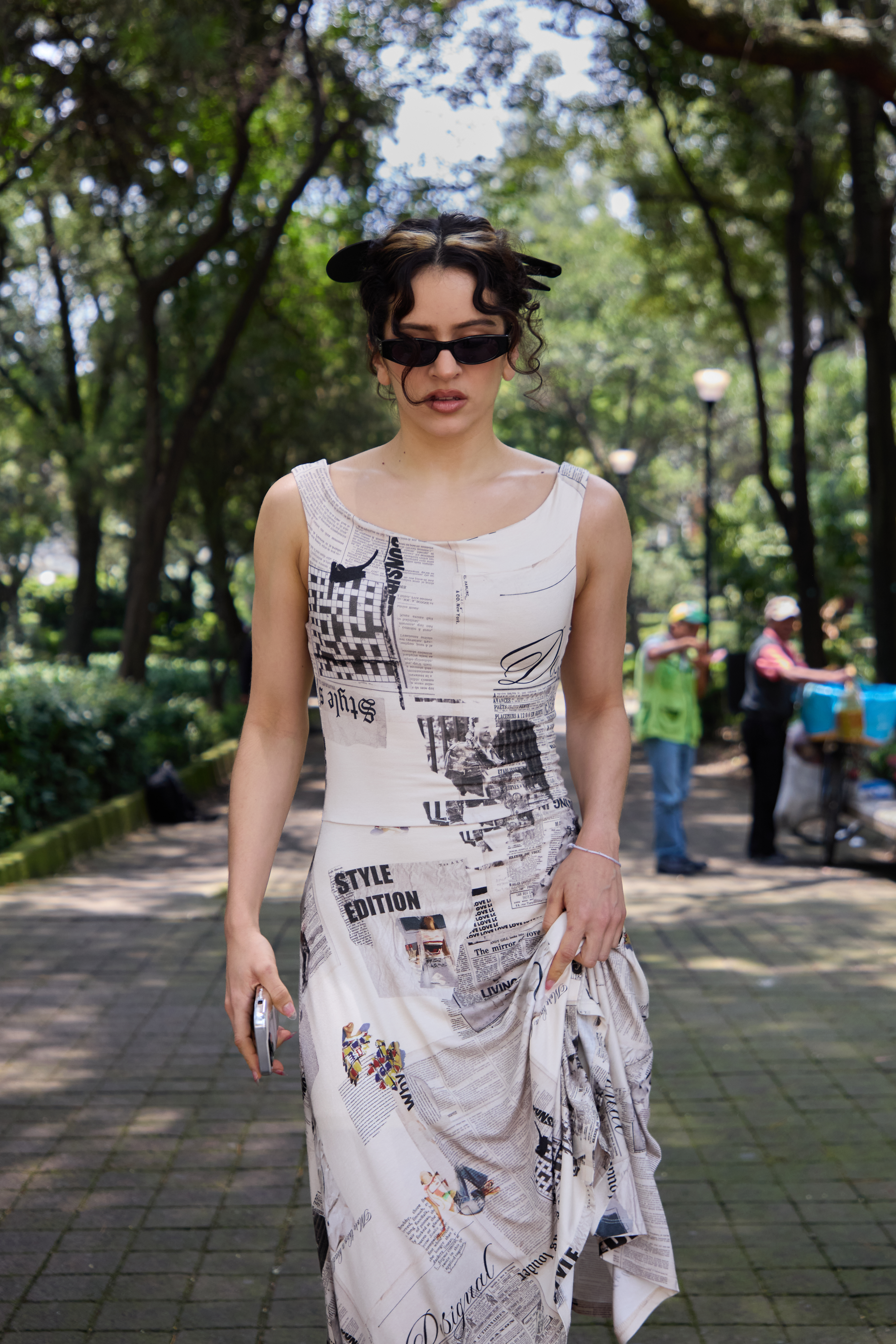 Rosal&amp;iacute;a styled a newspaper dress from Desigual with heeled ballet flats