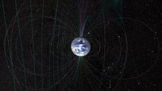 The shape of Earth's magnetic field is the result of both the planet's north and south magnetic poles as well as the stream of particles coming from the sun.