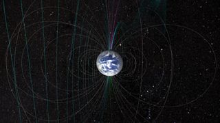 The shape of Earth's magnetic field is the result of both the planet's north and south magnetic poles as well as the stream of particles coming from the sun.