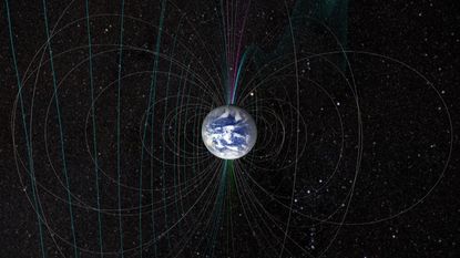 The shape of Earth's magnetic field is the result of both the planet's north and south magnetic poles as well as the stream of particles coming from the sun.
