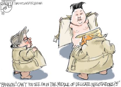 Political cartoon U.S. Trump Kim Jong Un North Korea nuclear weapons bigger button Bannon breakup