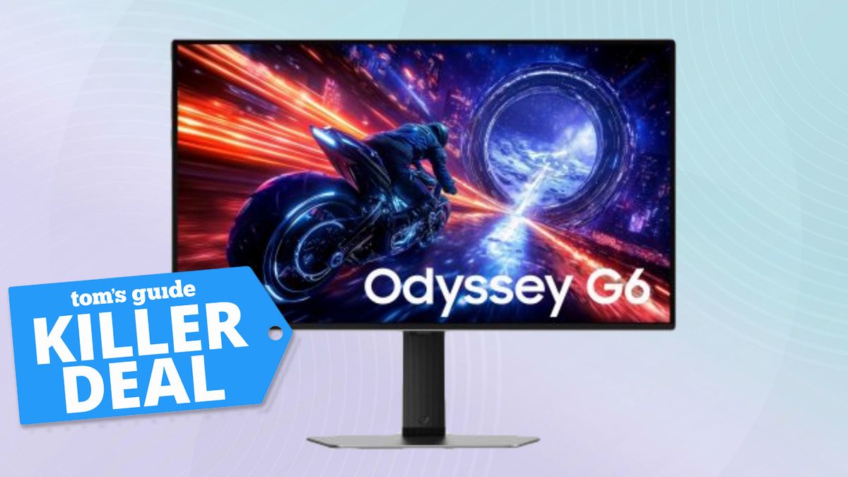 Samsung Odyssey G6 gaming monitor with deal tag superimposed