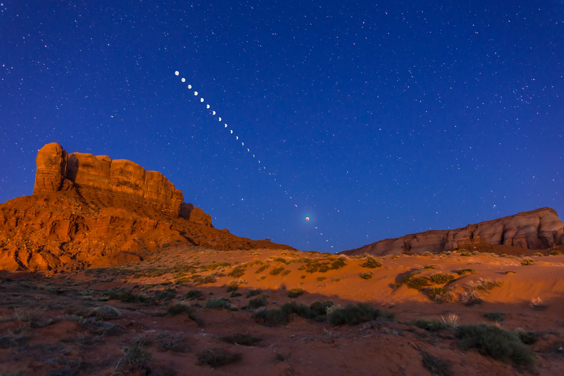 The total lunar eclipse of April 4, 2015 taken from near Tear Drop Arch, in western Monument Valley, Utah.