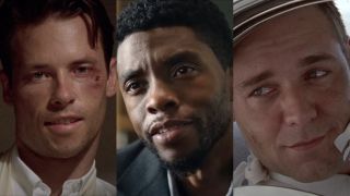 Guy Pearce pictured in L.A. Confidential, Chadwick Boseman pictured in 21 Bridges, and Russell Crowe pictured in L.A. Confidential, shown side by side.