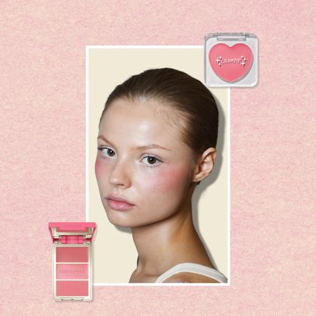 model wearing drugstore blush on a makeup texture background next to morphe trio blush palette and colourpop heart shape blush