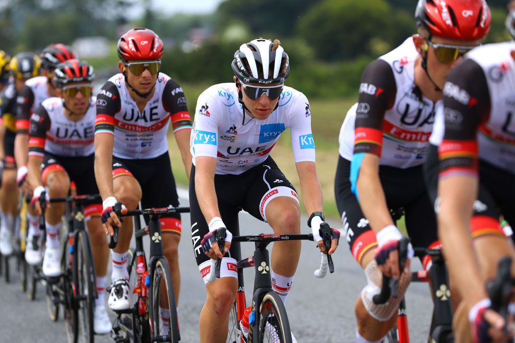 MRDEBRETAGNE GUERLDAN FRANCE JUNE 27 Tadej Pogacar of Slovenia and UAETeam Emirates White Best Young Rider Jersey during the 108th Tour de France 2021 Stage 2 a 1835km stage from PerrosGuirec to MrdeBretagne Guerldan 293m LeTour TDF2021 on June 27 2021 in MrdeBretagne Guerldan France Photo by Tim de WaeleGetty Images