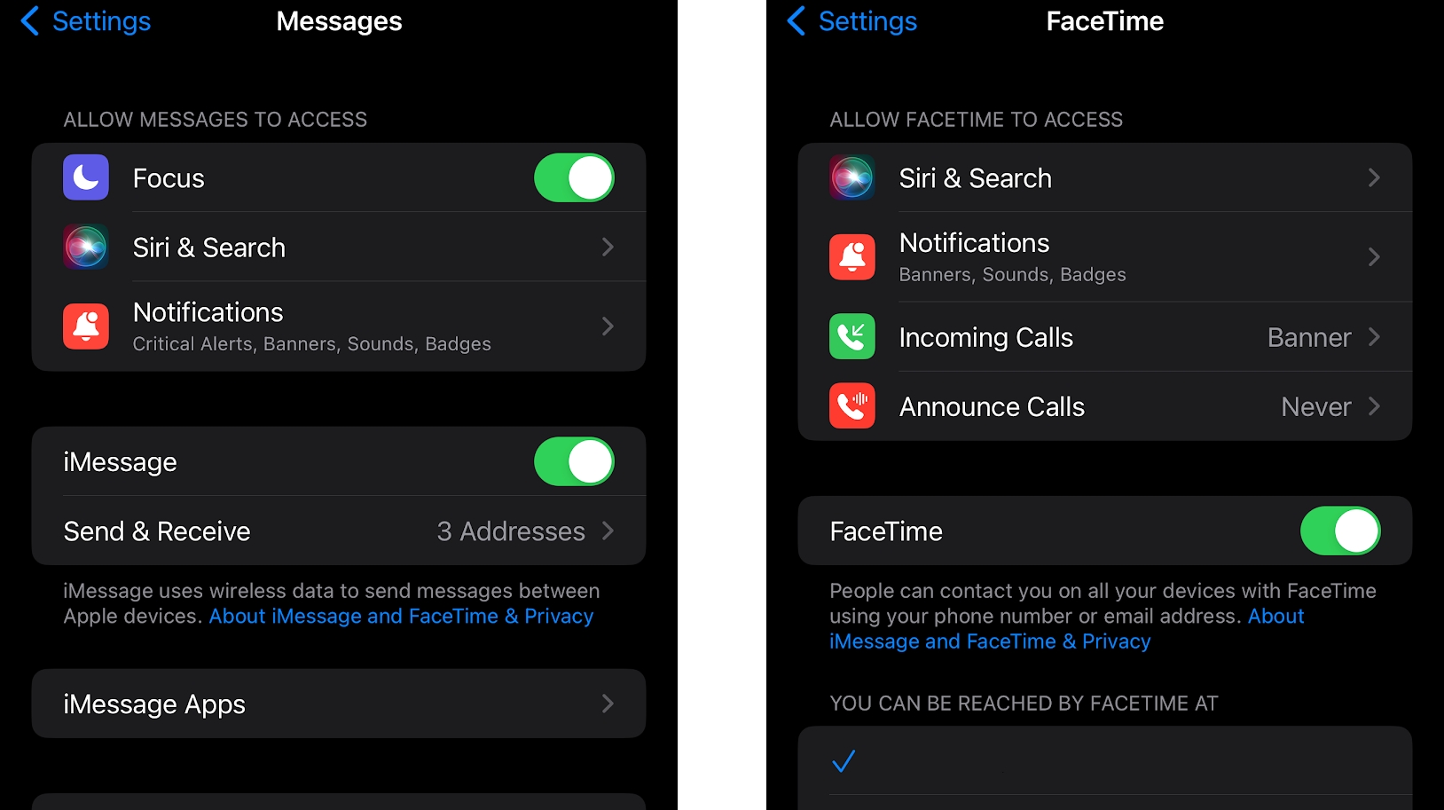 Screenshots showing iMessage and FaceTime toggles