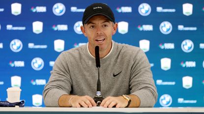Rory McIlroy talks to the media before the BMW PGA Championship