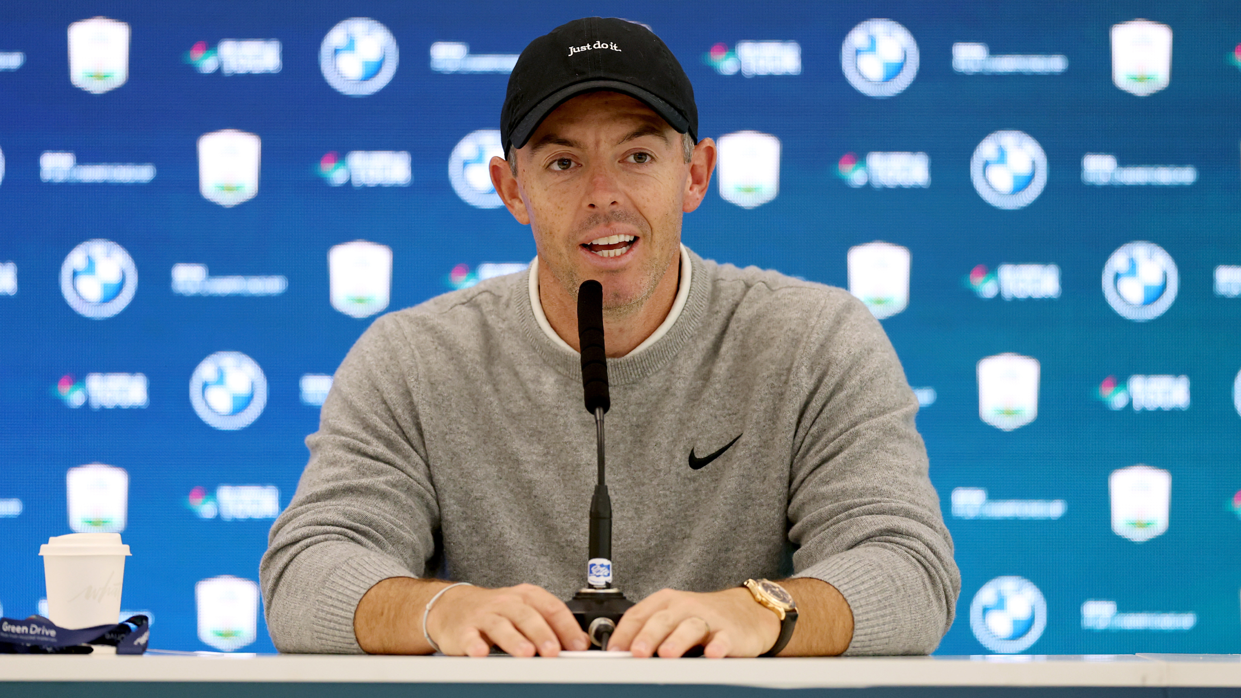 Rory McIlroy talks to the media before the BMW PGA Championship 