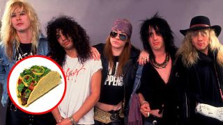 Guns N' Roses in 1987 plus (inset) a taco