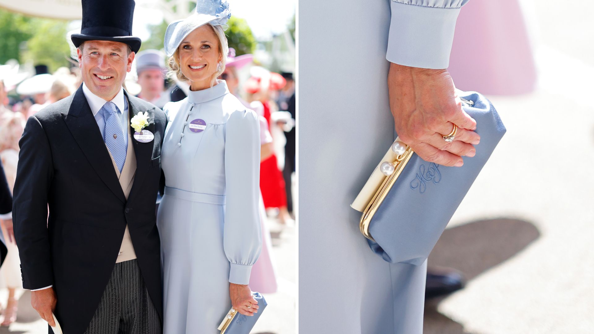 L-Peter Phillips and Harriet Phillips at Royal Ascot 2026, R- a close up of Harriet's monogrammed bag