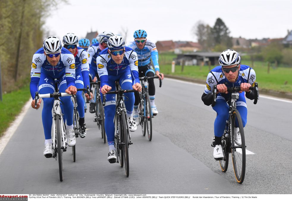 Tom Boonen, Yves Lampaert and Zdenek Stybar lead the training ride