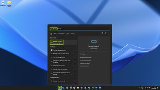 Screenshot of Windows 11 Start Menu with "Storage settings" highlighted