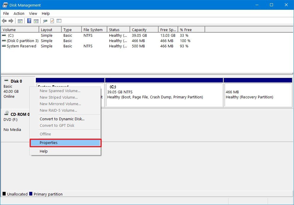 Disk Management properties