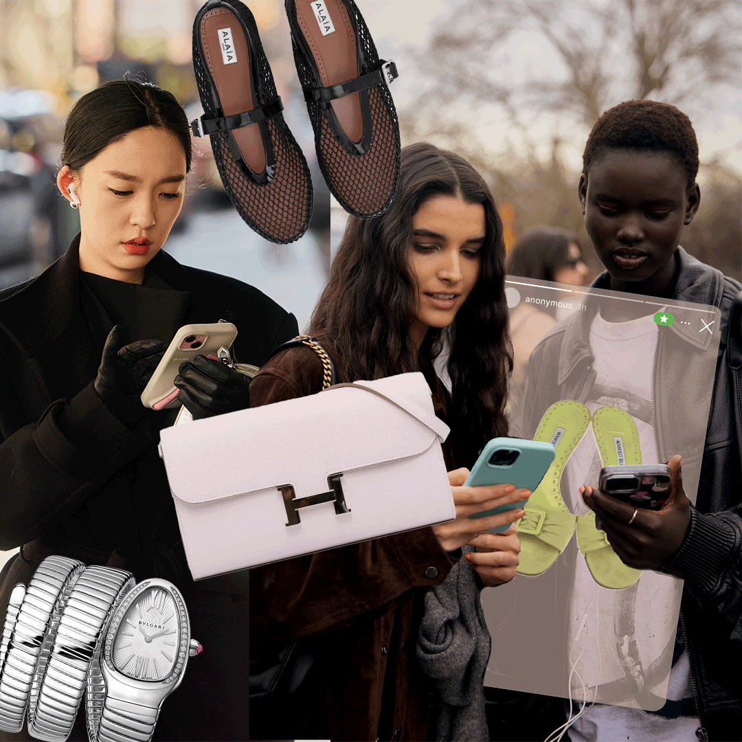 a collage of street style imagery and product photos showing luxury fashion items sold in exclusive circles