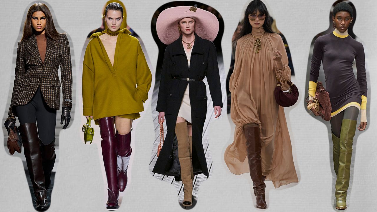 the best thigh-high boots for fall shown with a collage of runway images with models wearing the shoe trend