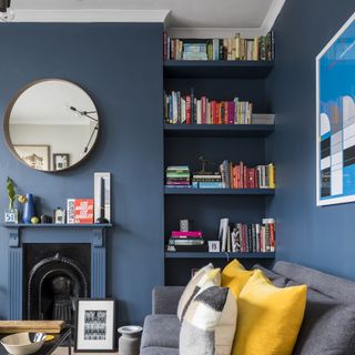 dark blue living room with book shelves