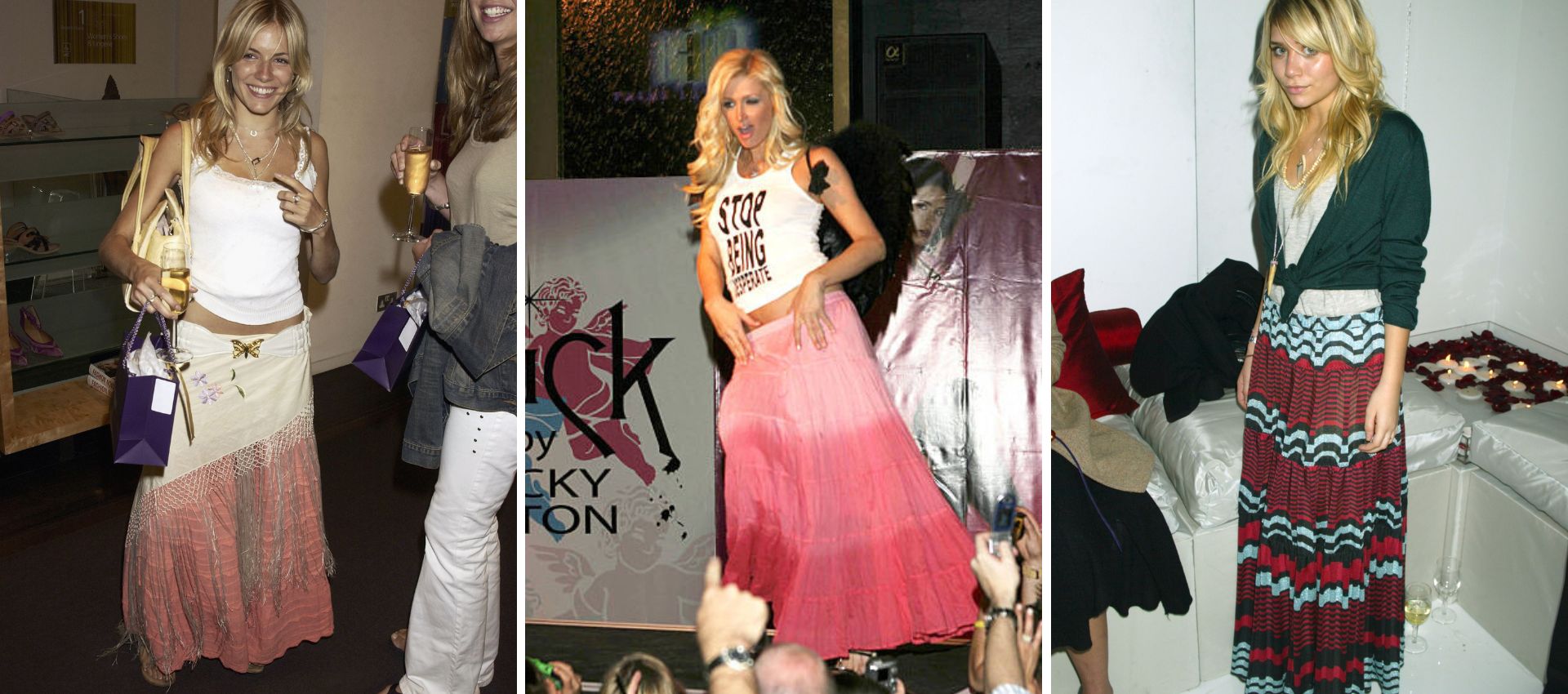 Celebrities wearing boho maxi skirts