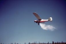 Image of plane flying over a lake with a plume of water and fish gushing from the underside