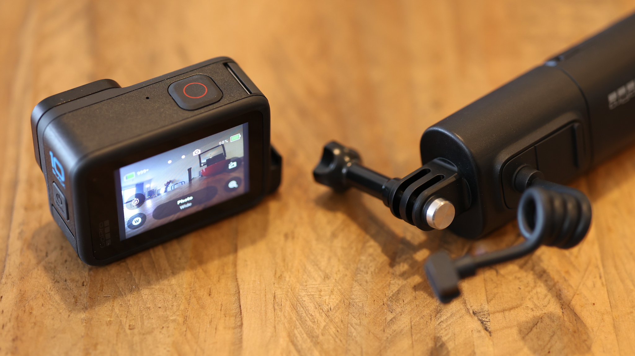 The GoPro Volta tripod grip on a wooden table