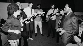 Rehearsing for the Stax Records Christmas concert at Stax in Memphis, with (center back, left to right) Steve Cropper, Al Jackson Jr. and Donald “Duck” Dunn, December 20, 1968.