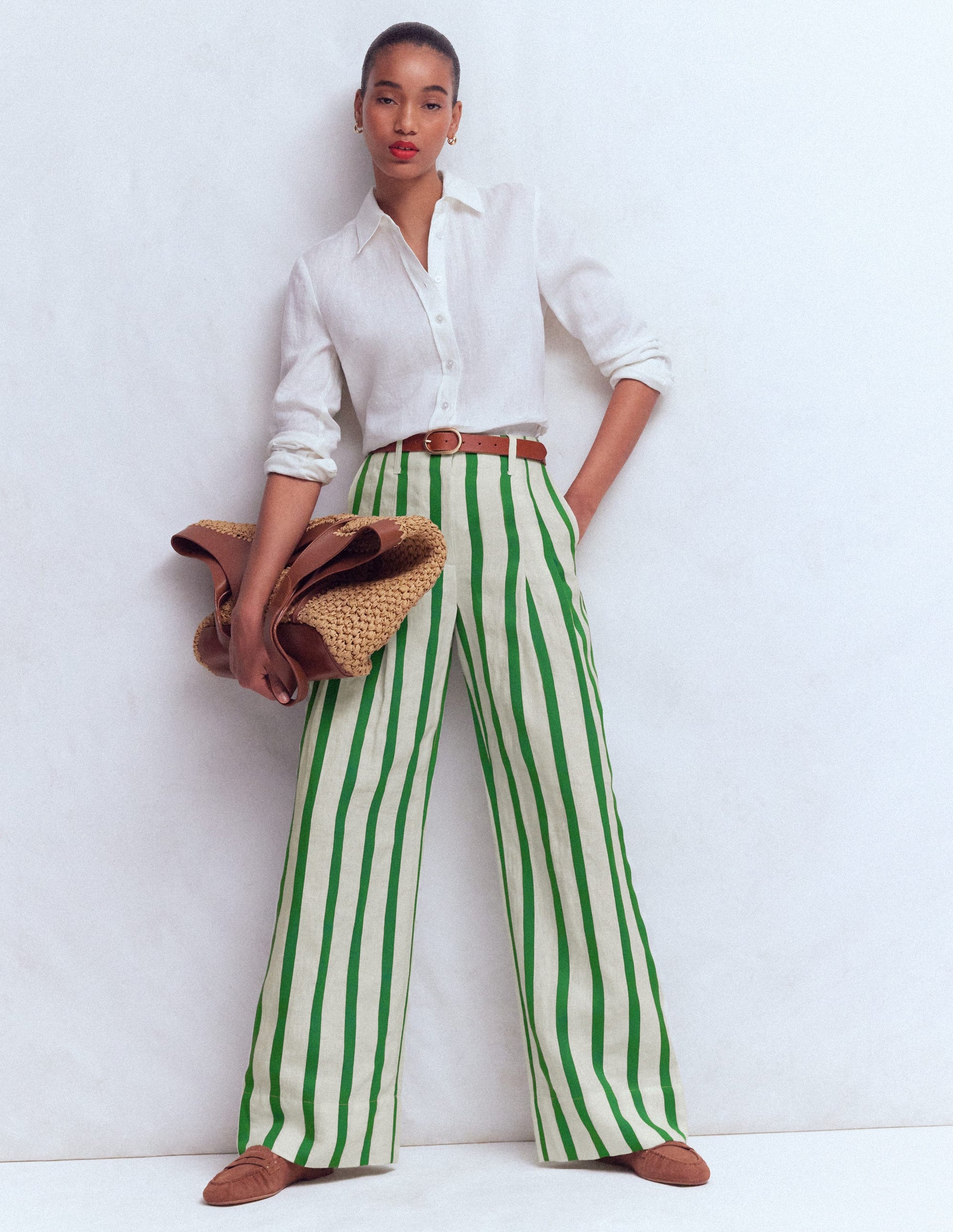 Mayfair Linen Trousers-Ivory, Fresh Green Stripe