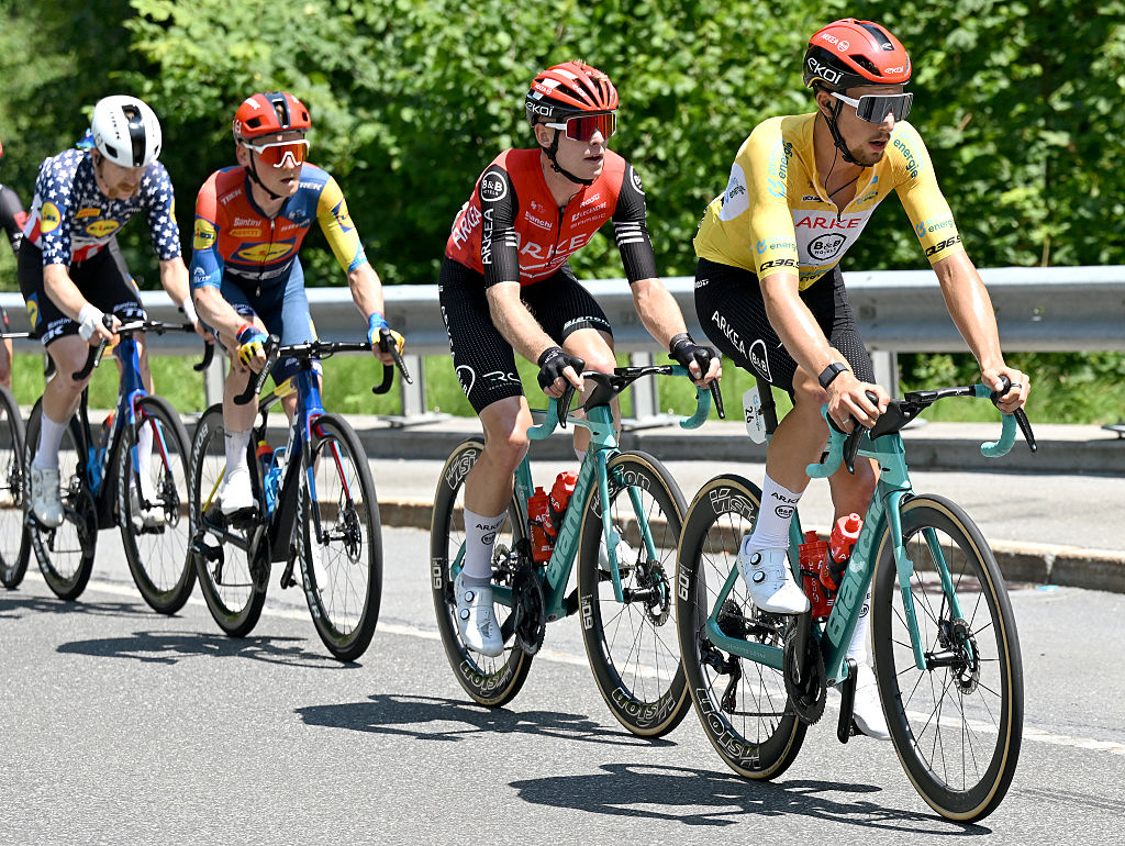 NEUHAUSEN AM RHEINFALL, SWITZERLAND - JUNE 20: Kevin Vauquelin of France and Team Arkea - B&B Hotels - Yellow Leader Jersey competes during the 88th Tour de Suisse 2025, Stage 6 a 186.7km stage from Chur to Neuhausen am Rheinfall / #UCIWT / on June 20, 2025 in Neuhausen am Rheinfall, Switzerland. (Photo by Tim de Waele/Getty Images)