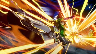 Dynamic anime scene showing a character in a green outfit delivering a powerful kick amidst vibrant, explosive orange and yellow energy bursts.
