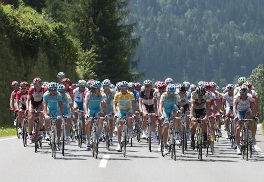 Race leader Fredrik Kessiakoff and his Astana teammates at the head of the peloton.