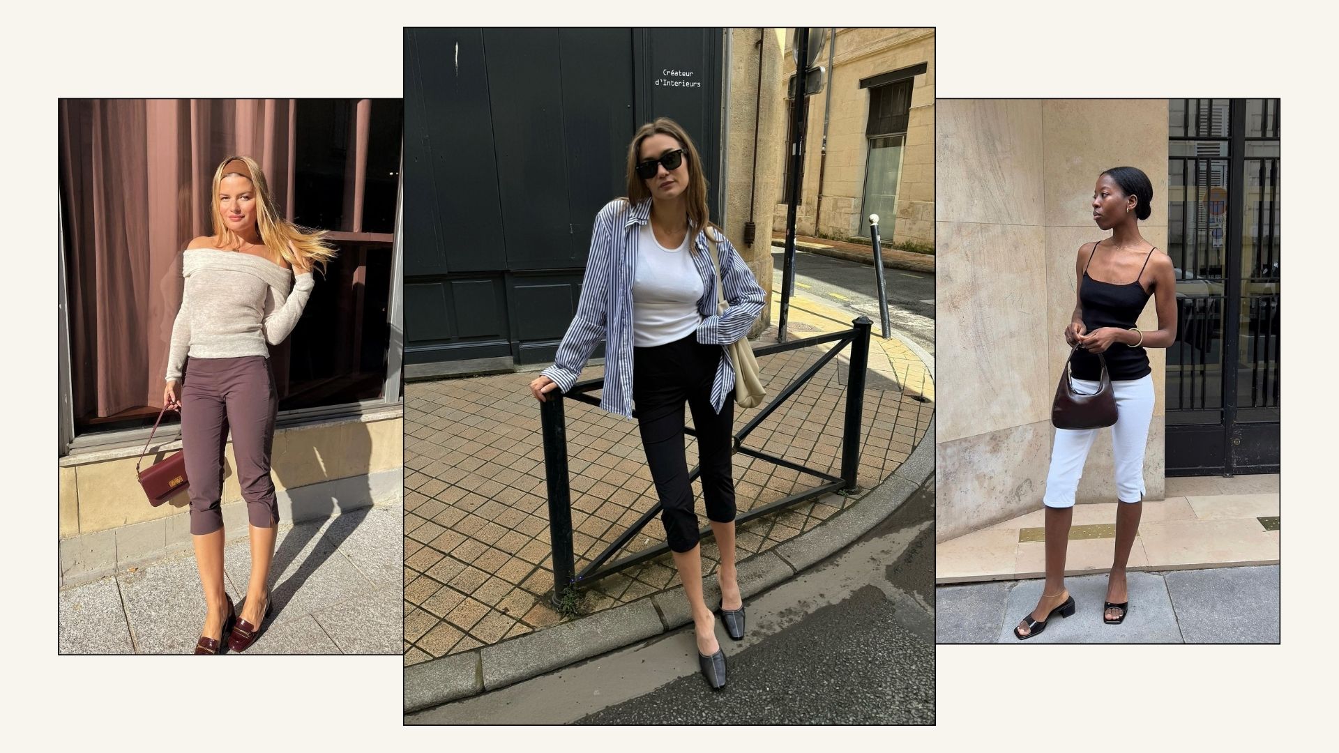 French influencers @sabinasocol, @annelauremais, @sylviemus_ wear capri pants with light knits, oversized shirts and simple tank tops.