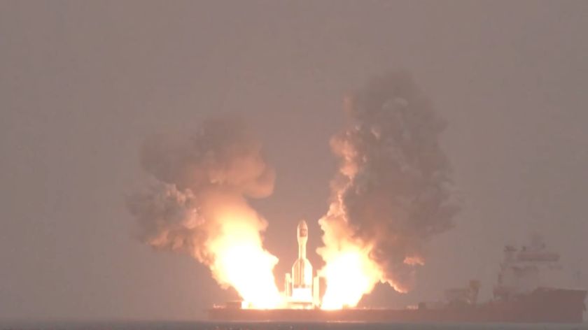 The Chinese company Orienspace&#039;s Gravity-1 rocket launches for the second time ever, lifting off from a ship on Oct. 10, 2025.