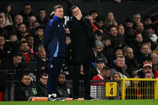 Ruud van Nistelrooy chats with Darren Fletcher during Manchester United's 2-0 win over PAOK