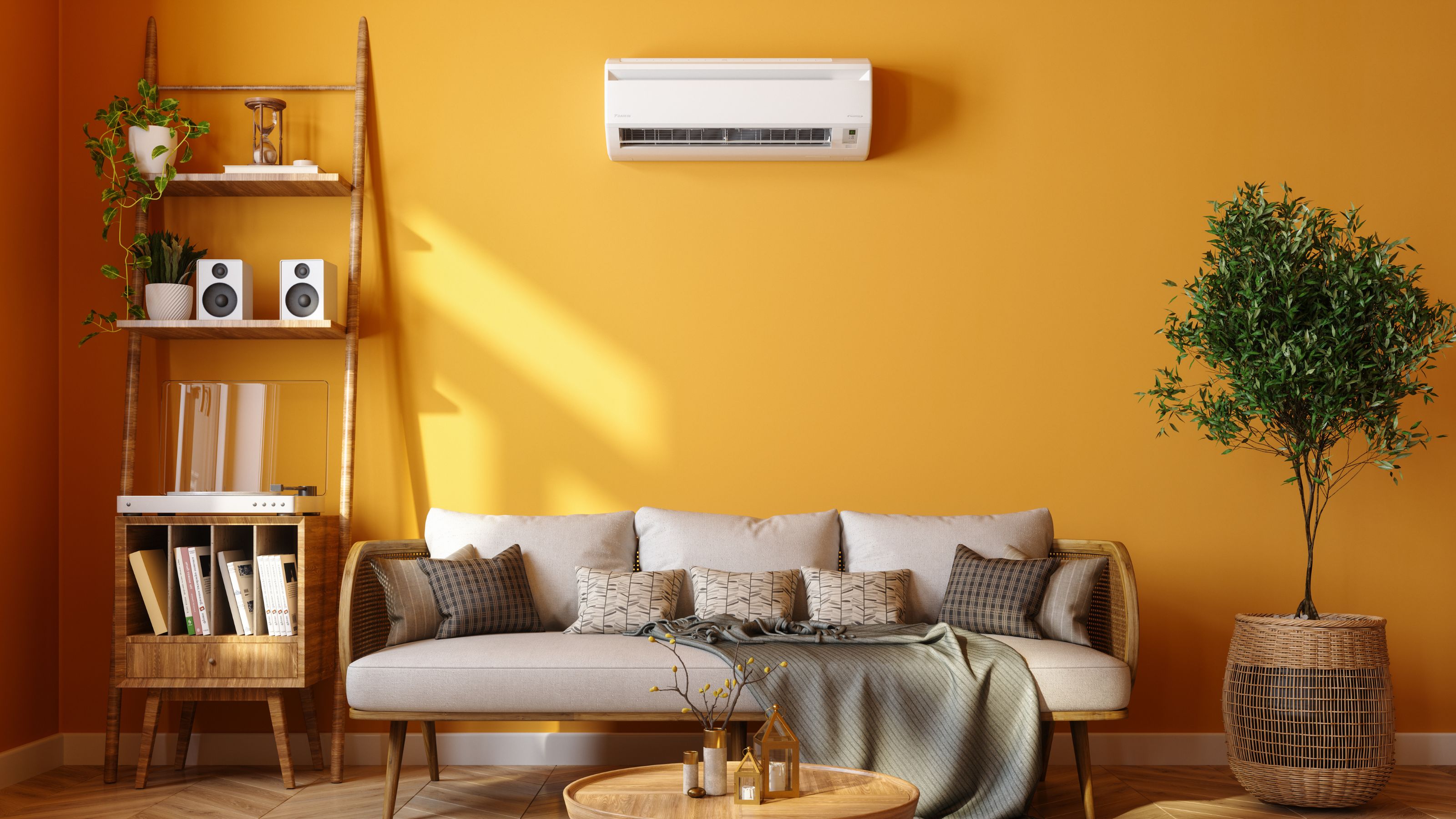 Indoor air conditioning unit installed on the wall in a living room