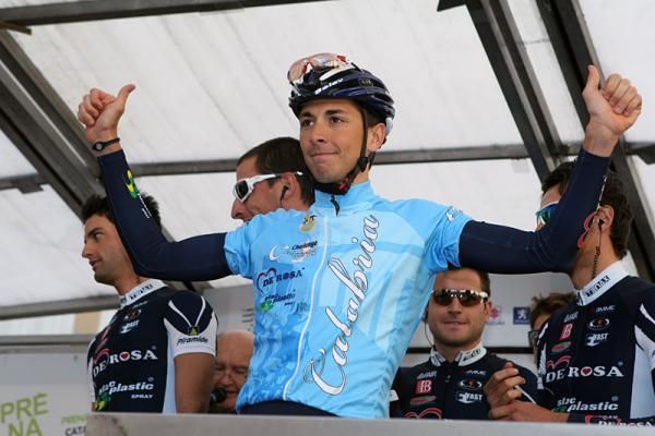 Race leader Matteo Montaguti (De Rosa - Stac Plastic) is introduced at the start of stage three.