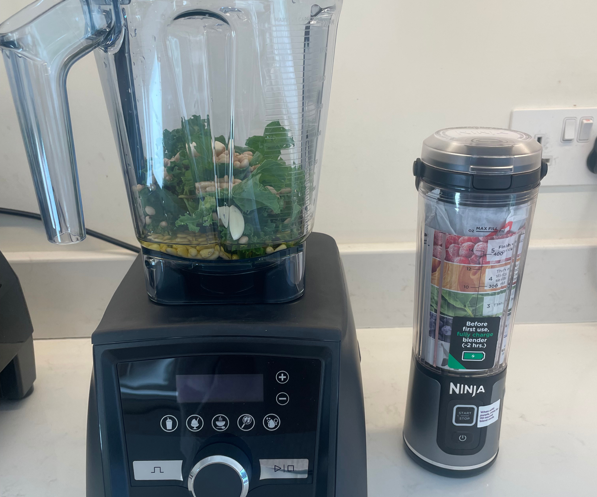 Vitamix A3500 vs the Ninja Blast Portable Blender for size comparison