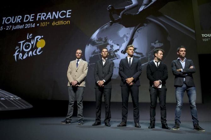 Stars of the 2013 Tour de France - Chris Froome, Rui Costa, Marcel Kittel, Mark Cavendish and Christophe Riblon - on stage for the presentation of the 2014 Tour de France route