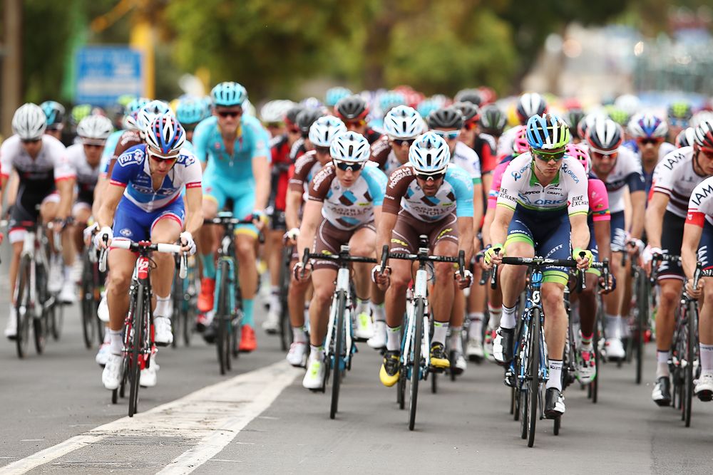 Riders make their way through the town of Lyndoch during stage 1 of the 2016 Tour Down Under