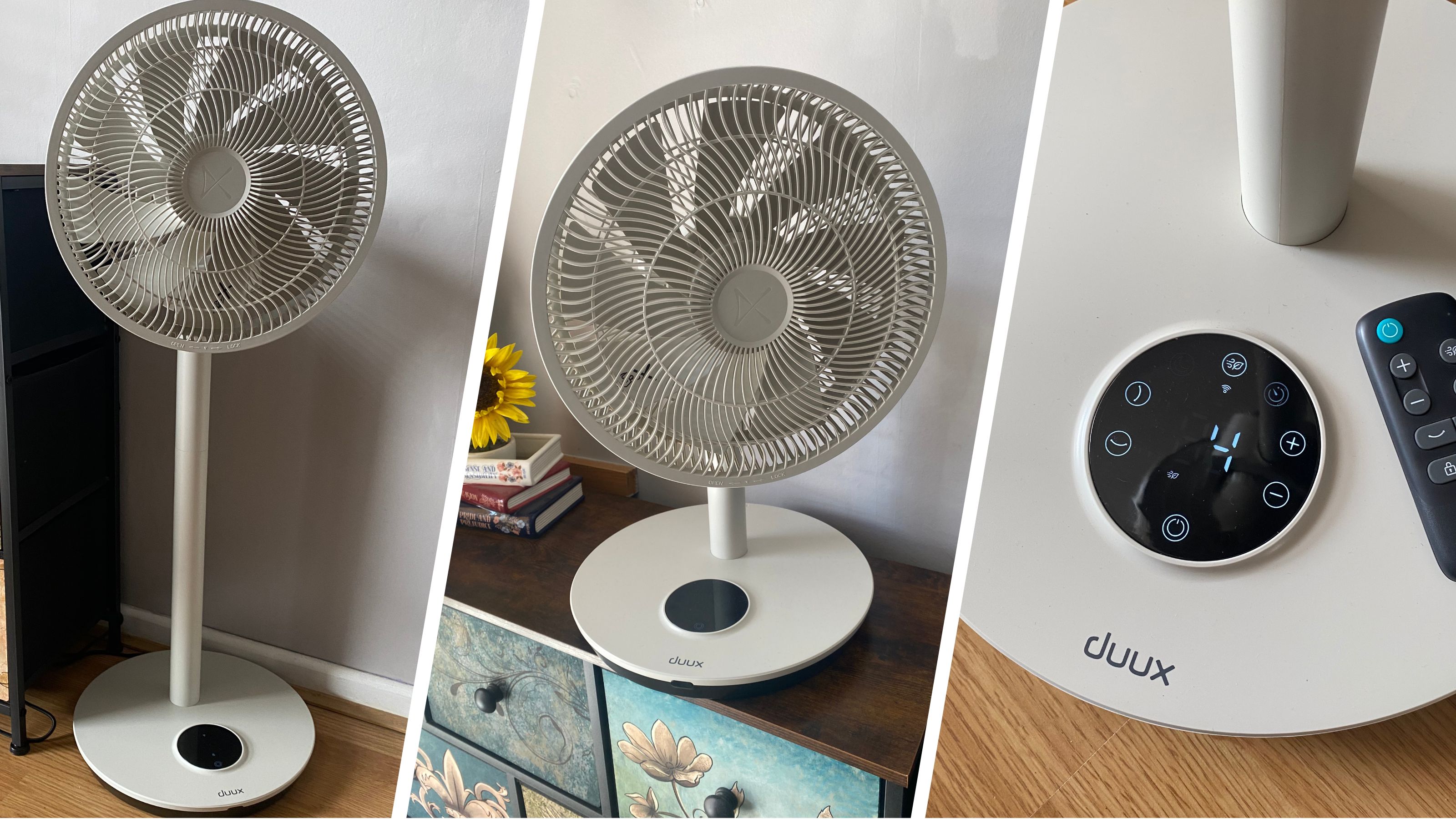 Spliced image showing the Duux Whisper Flex 2 in pedestal mode, desktop mode and a close up of the control panel next to the remote