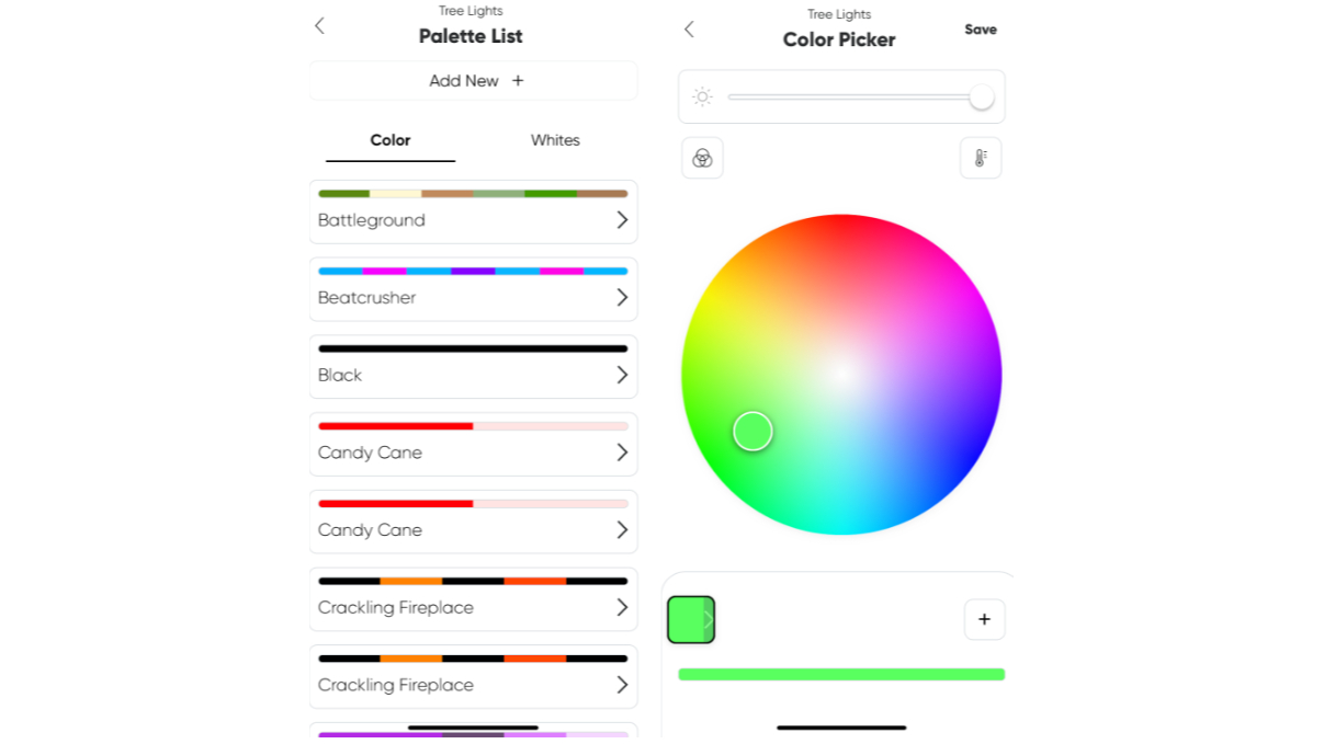 Nanoleaf app print screens showing the Palette List and Color Picker