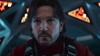 An intense space pilot inside a sci-fi spaceship