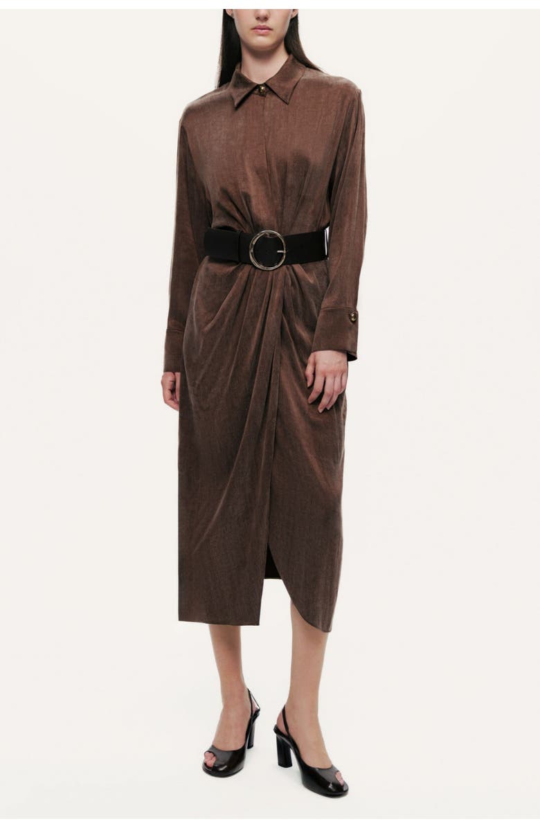 Belted Draped Shirt-Collar Maxi Dress