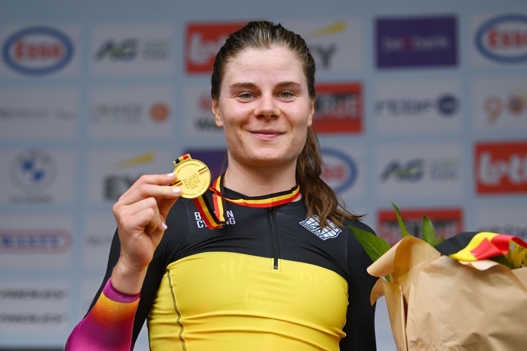BINCHE BELGIUM JUNE 20 Lotte Kopecky of Belgium and Team SD WorxProtime celebrates at podium as gold medal winner during the 105th National Championships Belgium 2024 Womens Individual Time Trial a 193 km on June 20 2024 in Binche Belgium Photo by Luc ClaessenGetty Images