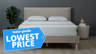 The Leesa Sapira Mattress shown on a beige fabric bedframe with a blue lowest price sale badge overlaid