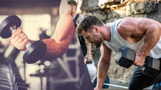 Left image muscled arm holding dumbbell, right image Chris Hemsworth performing a bentover row with a dumbbell