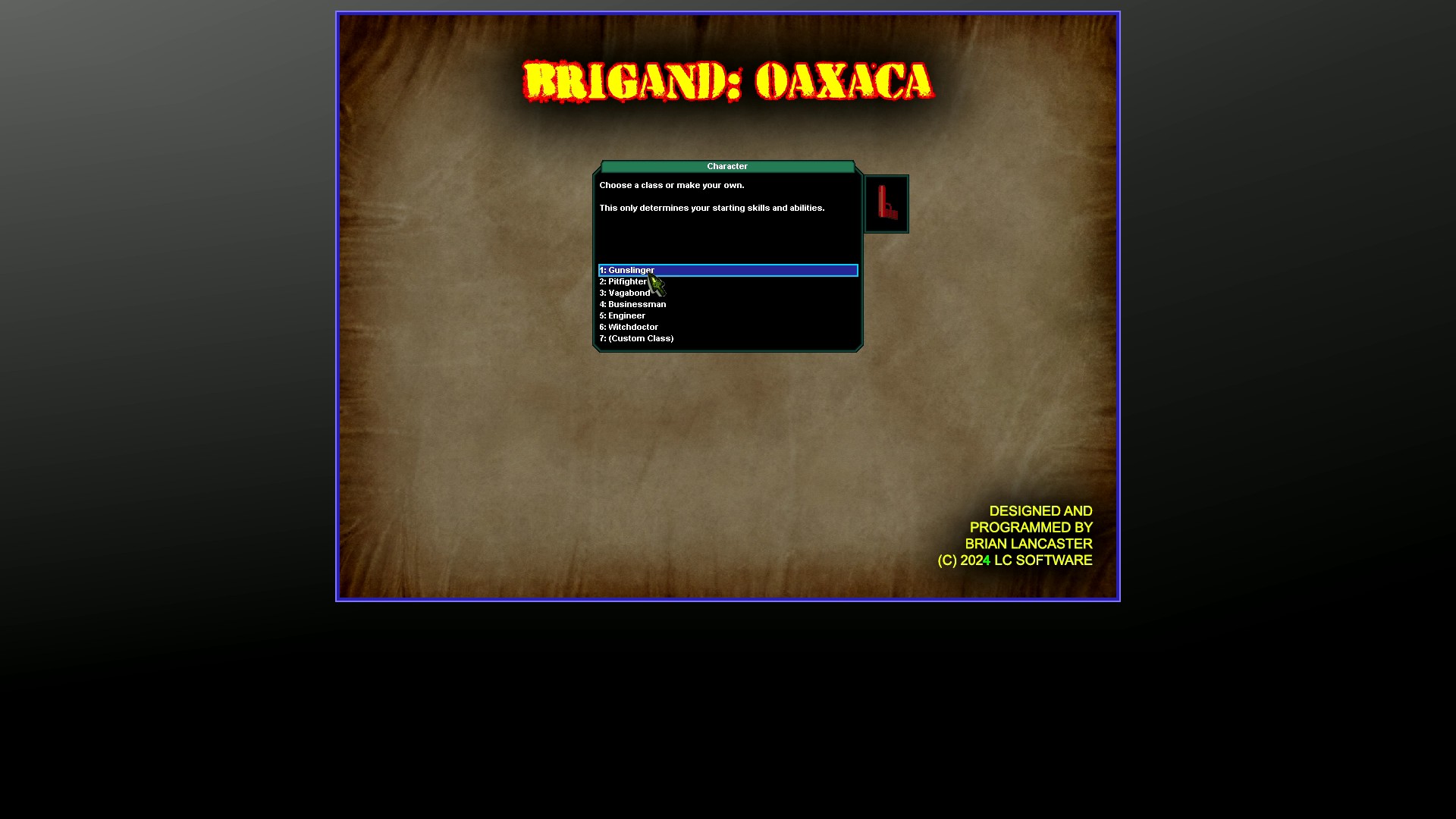 Brigand: Oaxaca character creation screen with classes like 